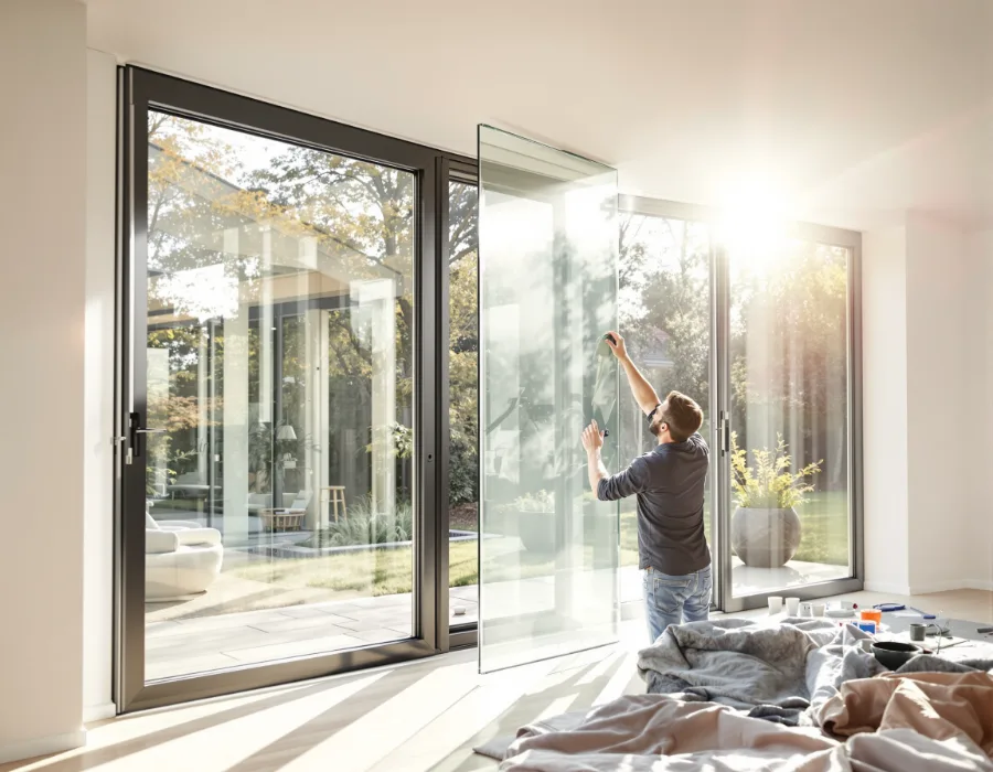 Vitrier professionnel installant un vitrage dans une habitation lumineuse à Evere